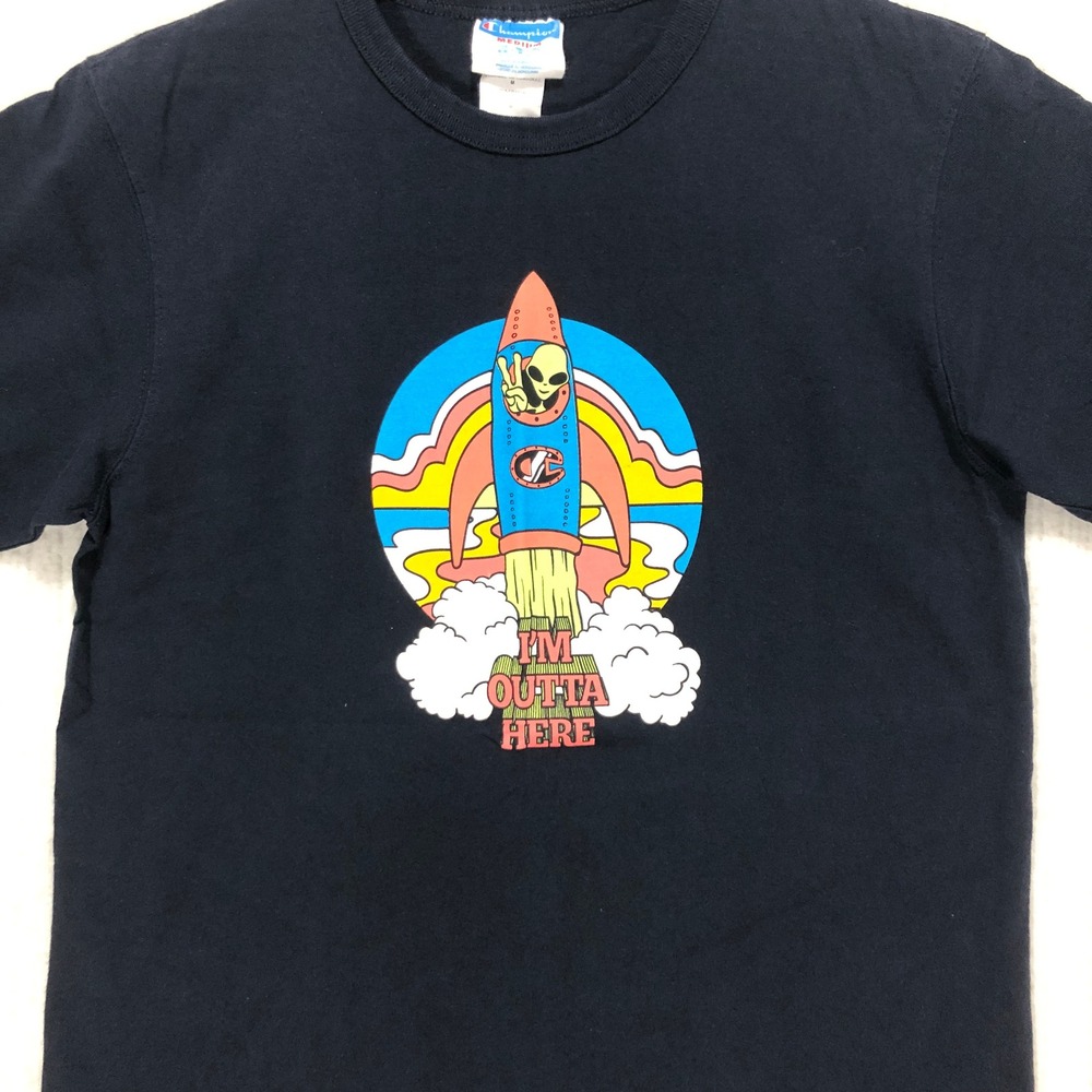 Champion Mens Navy Blue Alien Rocket Ship Graphic Tee Shirt Im Outta Here Med